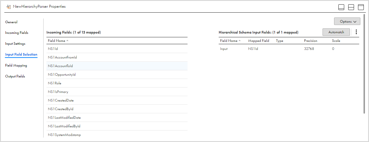 The Field Mapping tab shows the incoming fields that you can map to the Structure Parser input fields.