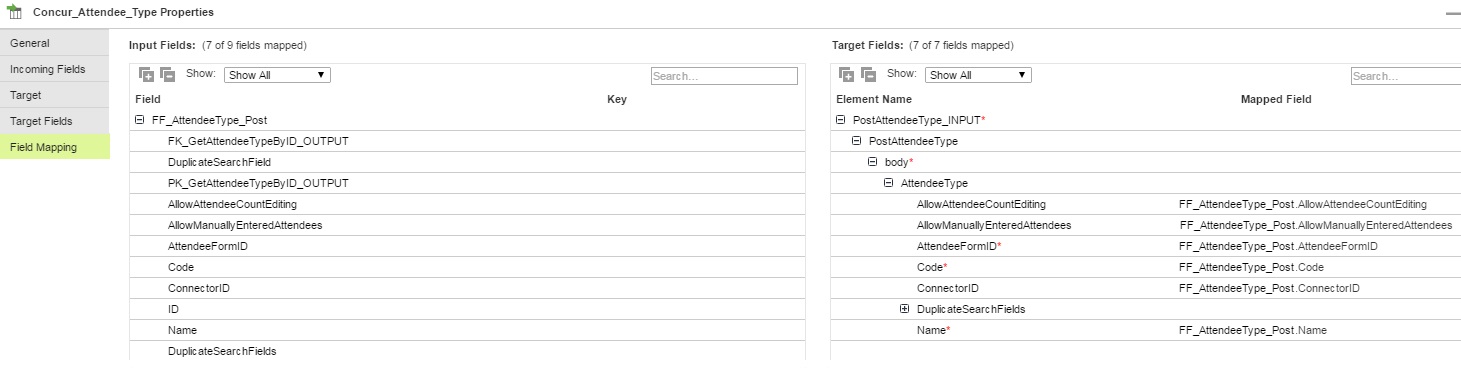 The image displays all the mapped fields between the input file and the Concur target.
