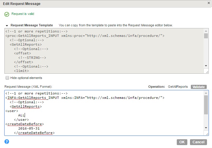 The image displays a validated request message in a GetAllReports_INPUT operation in the Mapping Designer. The image displays a validated request message in a GetAllReports_INPUT operation in the Mapping Designer.