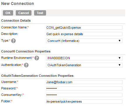 The image displays the configured Concur connection.
