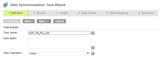 Define a Data Synchronization task with a single SAP source object and a flat file target object.