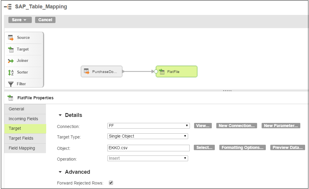 Configure a flat file target for the mapping