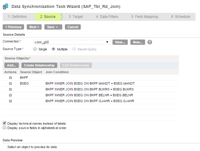 The join conditions for multiple SAP objects in the Data Synchronization task source details page