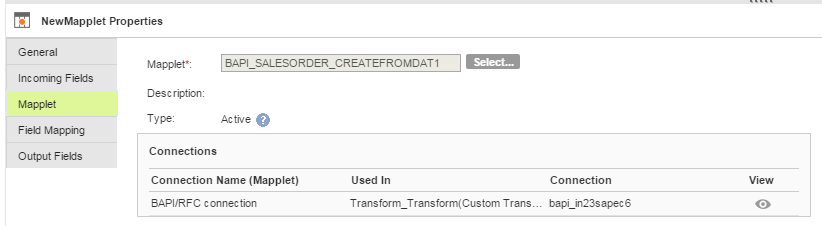 Select the BAPI/RFC connection for the bapi_salesorder_createfromdat1 mapplet.