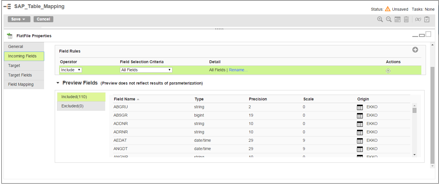 Preview the incoming fields to the target.