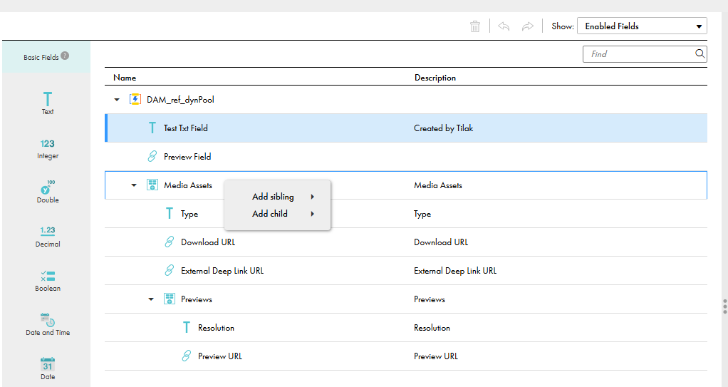 The Action menu with the Add sibling and Add child options, which you use to add fields to the DAM_ref_dynPool dynamic pool.