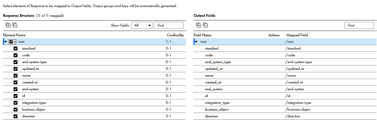 The image shows the rsponse structure of GET_Integrations_show in the Field Mapping tab of the Source Transformation The image shows the rsponse structure of GET_Integrations_show in the Field Mapping tab of the Source Transformation