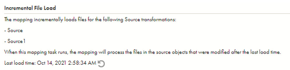 The Incremental File Load page shows details about source transformations and the last load time.