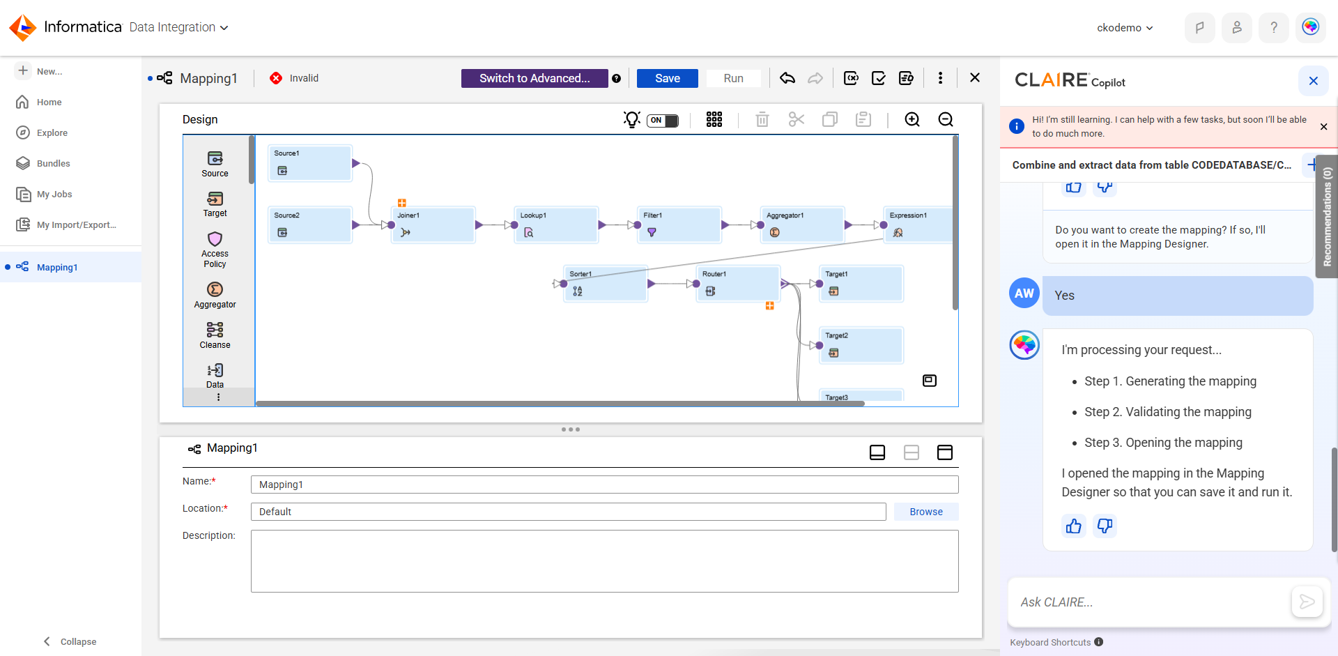 The conversation window shows that CLAIRE Copilot processed the request by generating, validating, and opening the mapping. The mapping is open in the Mapping Designer.