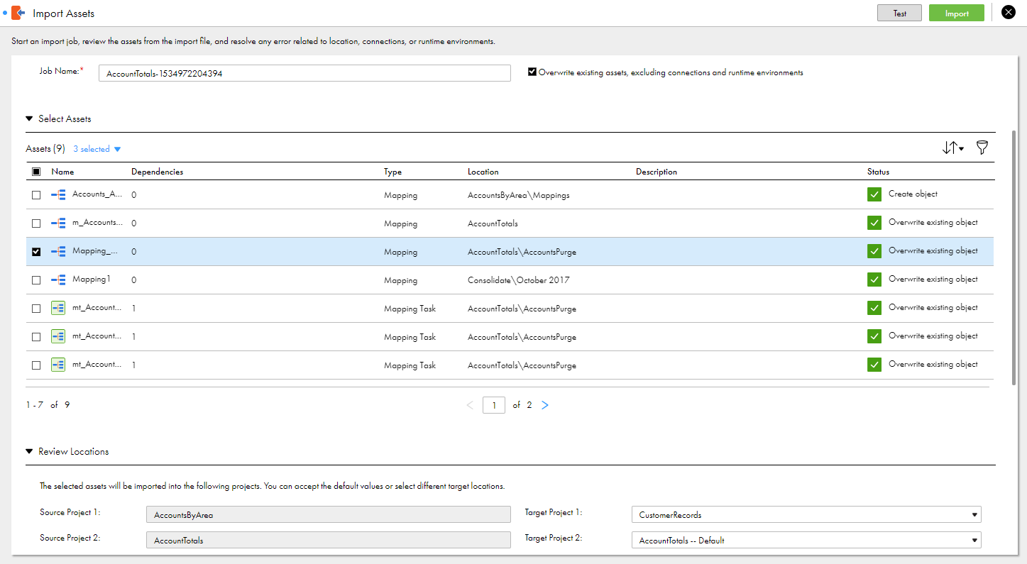 The image of the Import Asset page shows nine assets and the projects in which the assets are to be located. The Status column shows that during the import, IDMC creates one of the assets because it does not exist in the target location. IDMC overwrites the other assets because assets with the same name exist in the target location.