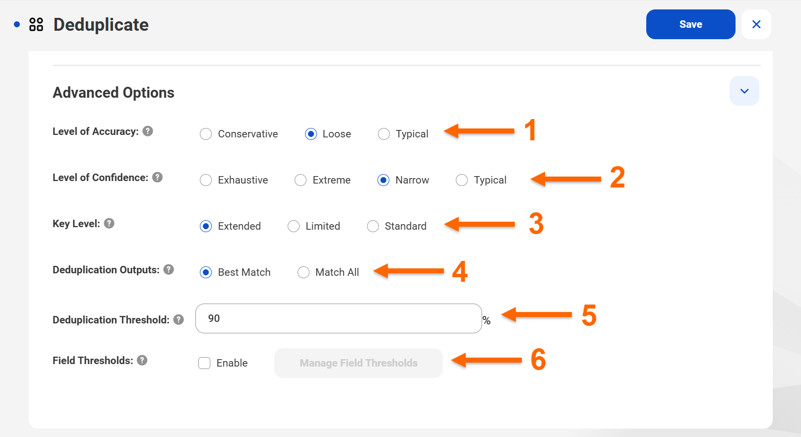 The Advanced Options panel on the Deduplication tab. The panel lists various options to customize the performance. The Field Thresholds option isn't enabled.