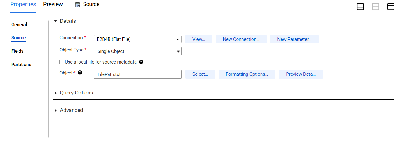The source object details show the connection, type of source, and the source object.