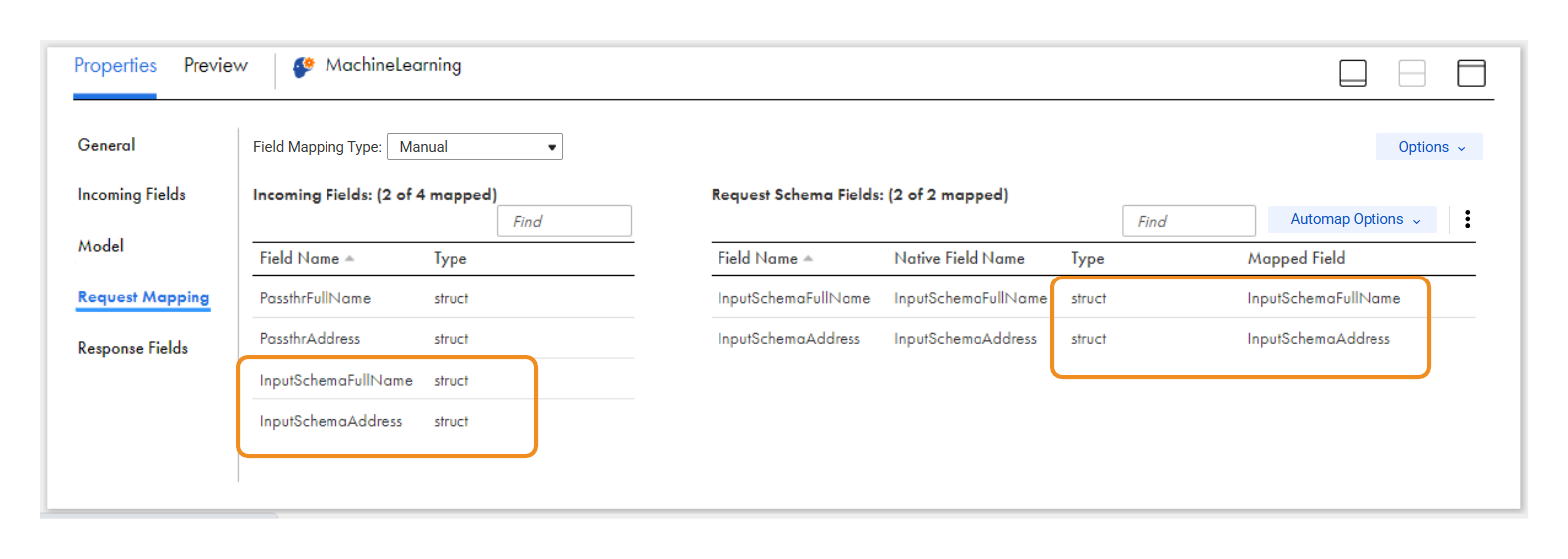 The Request Mapping tab is selected in a Machine Learning transformation. The Incoming Fields side contains two structs that represent a full name and an address, respectively. The incoming fields are mapped to corresponding structs on the Request Schema Fields side.