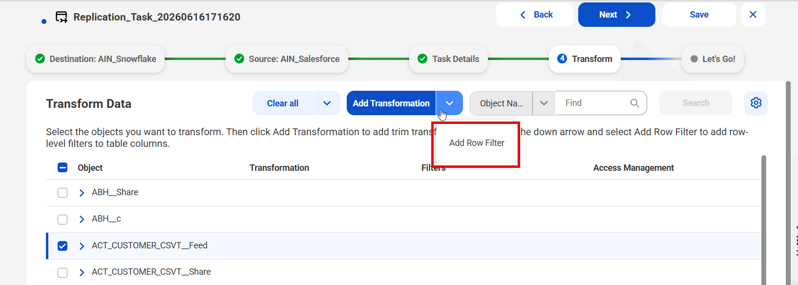 Select Add Row Filter to define a transformation that filters rows for a table.
