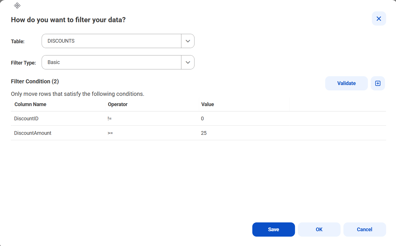 Shows two basic filters for two columns in the DISCOUNTS table.