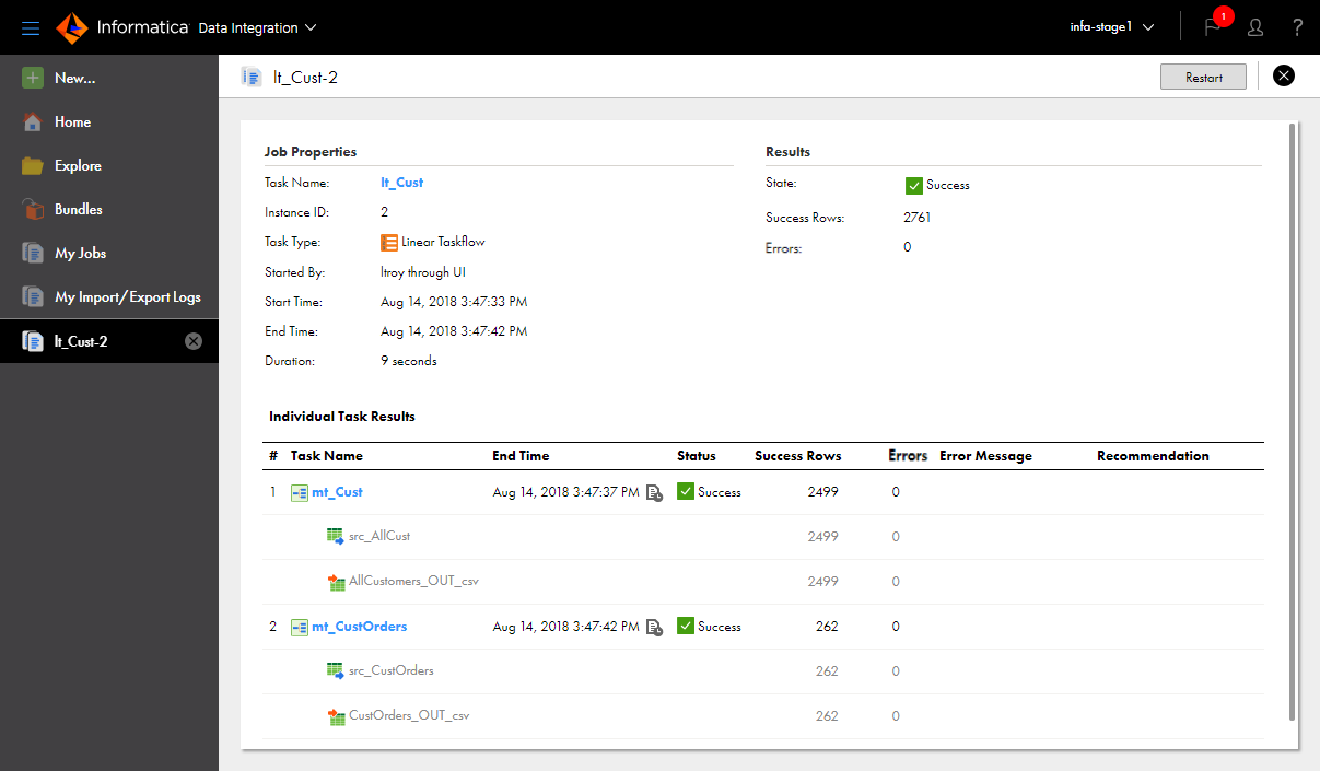 In this image, a linear taskflow instance was opened from the My Jobs page. The job details for the linear taskflow show the job properties, job results, and individual results for each subtask. In this image, a linear taskflow instance was opened from the My Jobs page. The job details for the linear taskflow show the job properties, job results, and individual results for each subtask.