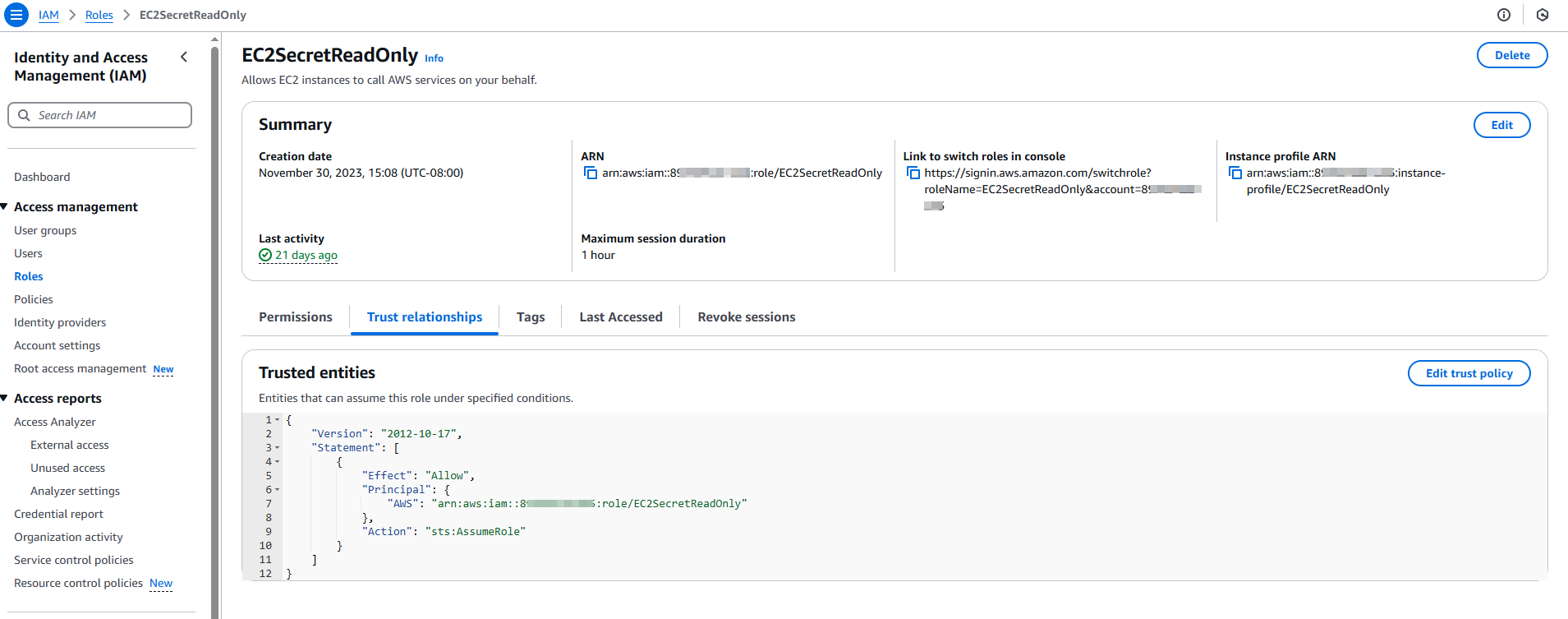 The image shows the AWS role details page. On the "Trust relationships" tab under "Trusted entities," the JSON code block specifies which entities can assume the role.