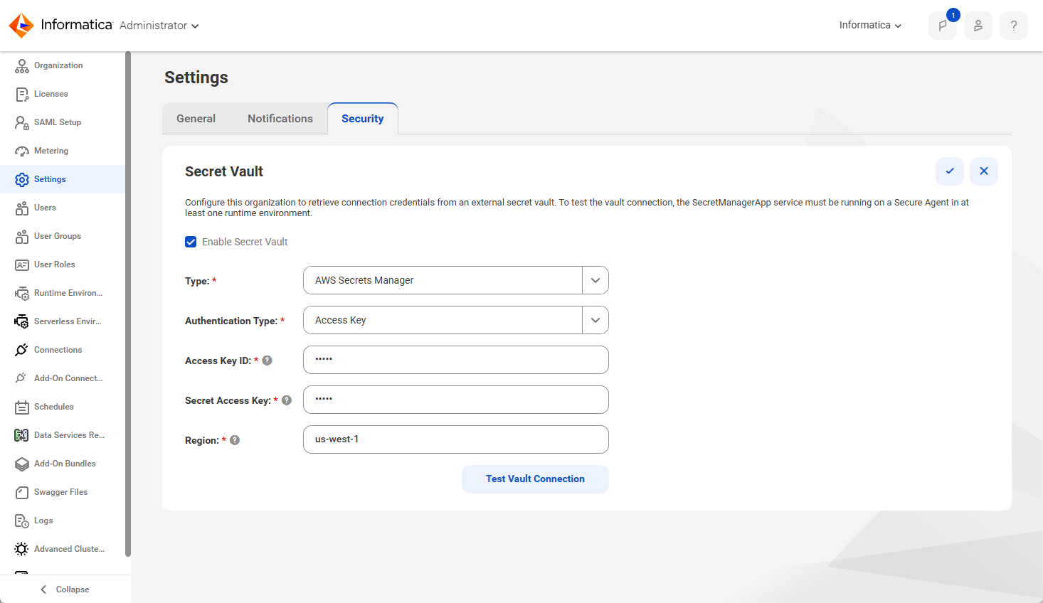 The Enable Secret Vault checkbox appears in the Secret Vault area of the Security tab. When you enable the checkbox, additional fields are displayed. These fields vary based on which secrets manager type you choose.