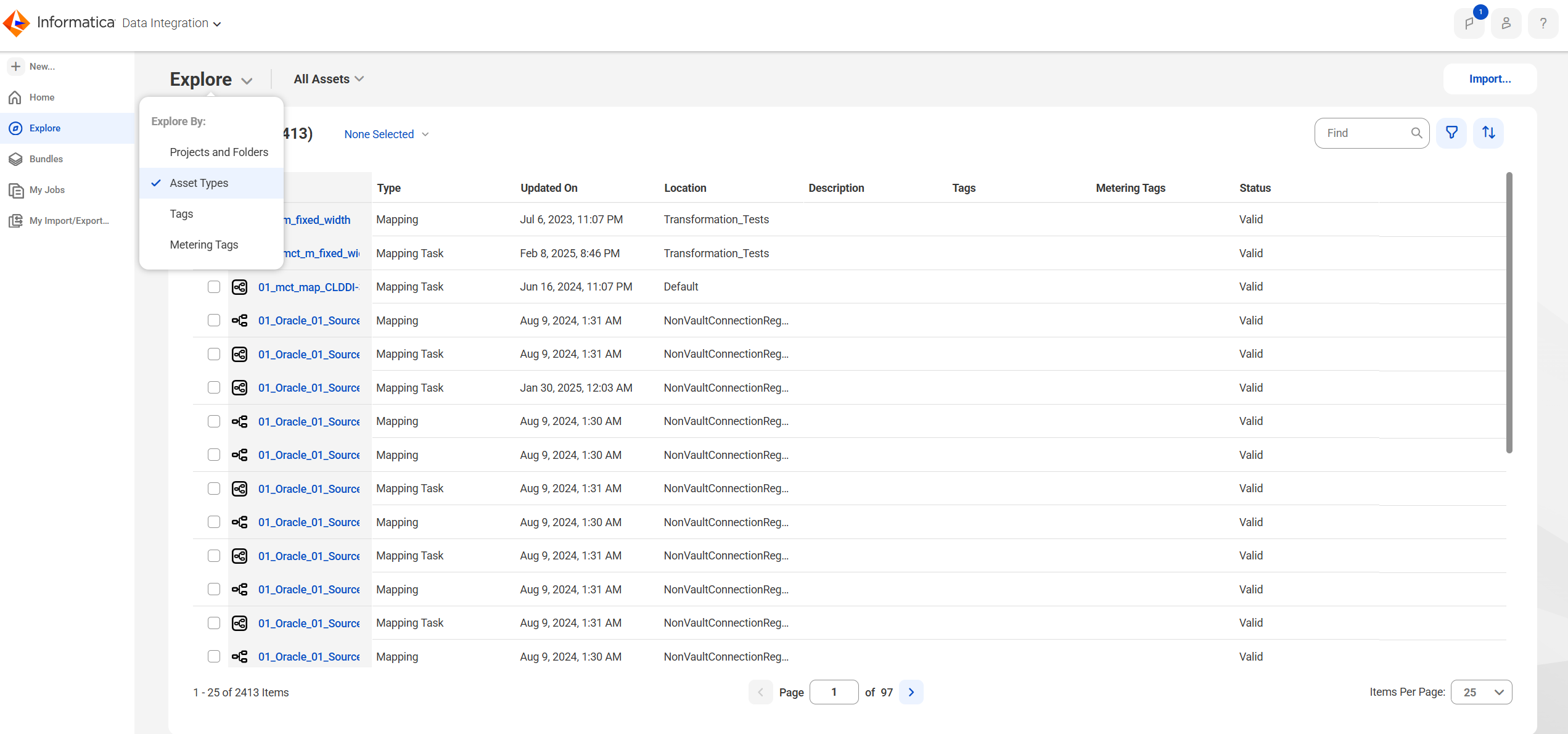 On the Explore page in Data Integration, the Explore dialog box is open and shows the Explore By options, which include Projects and Folders, Asset Types, Tags, and Metering Tags. Asset Types is selected.