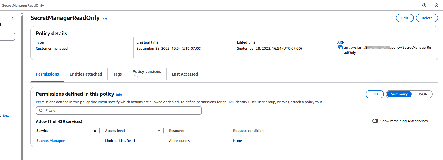 The image shows the AWS policy details page for a policy named "SecretManagerReadOnly." On the Permissions tab, under "Permissions defined in this policy," the access level "Limited: List, Read" is granted to the Secrets Manager service for all resources.