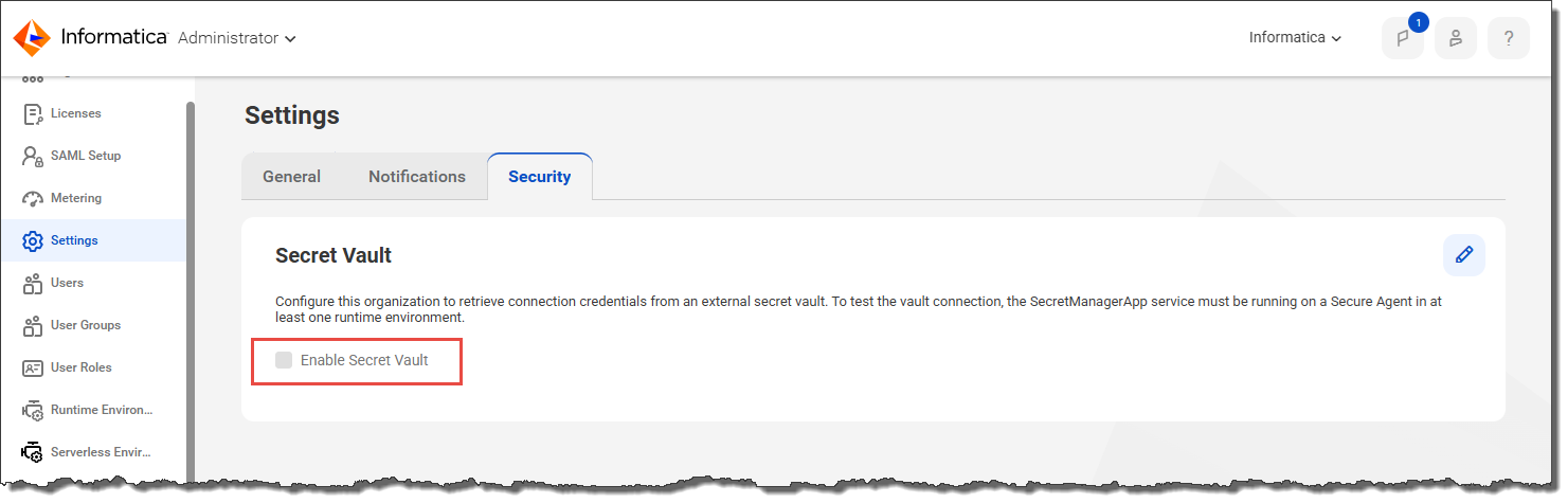 The Enable Secret Vault checkbox appears in the Secret Vault area of the Security tab on the Settings page.