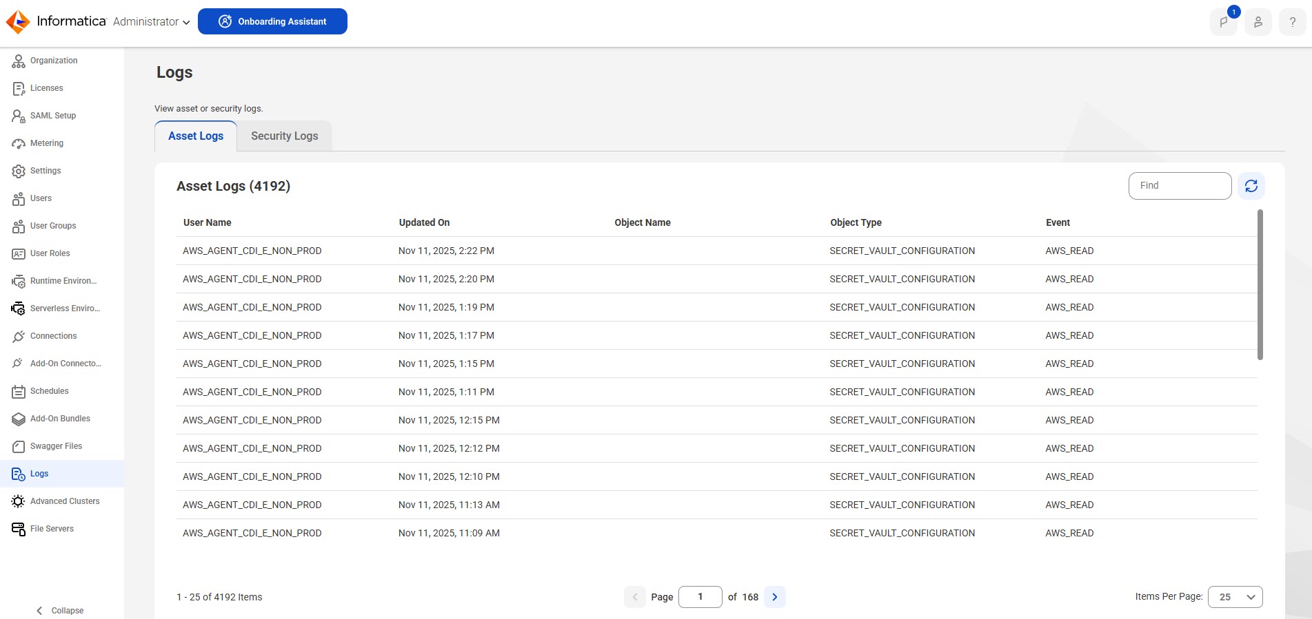 The asset log shows the date and time that the assets in the organization were created, copied, updated, or had permission changes. The user that triggered each event is listed in the first column. To switch to the security log, open the “Security Logs” tab.