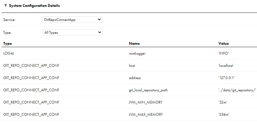 When you view or edit a Secure Agent and select the GitRepoConnectApp service, the configuration properties appear in the System Configuration Details area. In this image, the service type is set to "All Types," and the LOG4J and GIT_REPO_CONNECT_APP_CONF properties are displayed.