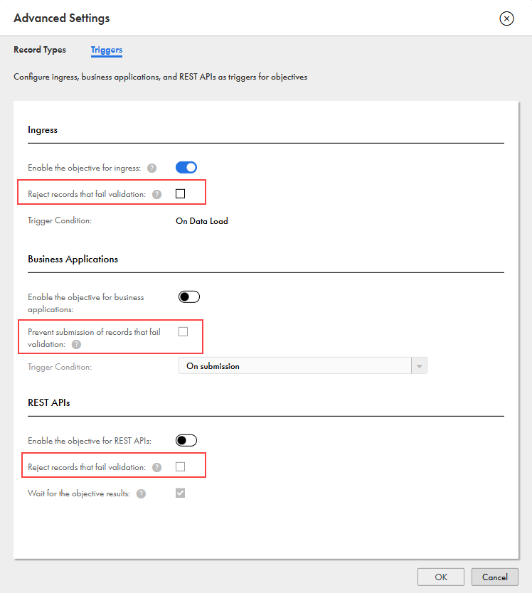 The Advanced Settings dialog box shows the Triggers tab with the Prevent submission of records that fail validation and Reject records that fail validation options selected for the Business Applications and REST APIs triggers.