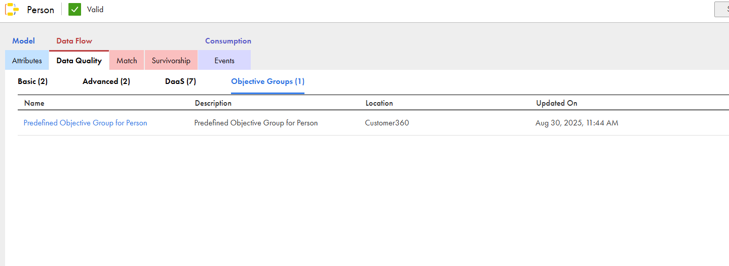 The data quality tab displays the predefined objective group for the person business entity. The predefined objective group contains objectives and rule associations that are equivalent to the basic, advanced, and DaaS rule associations.