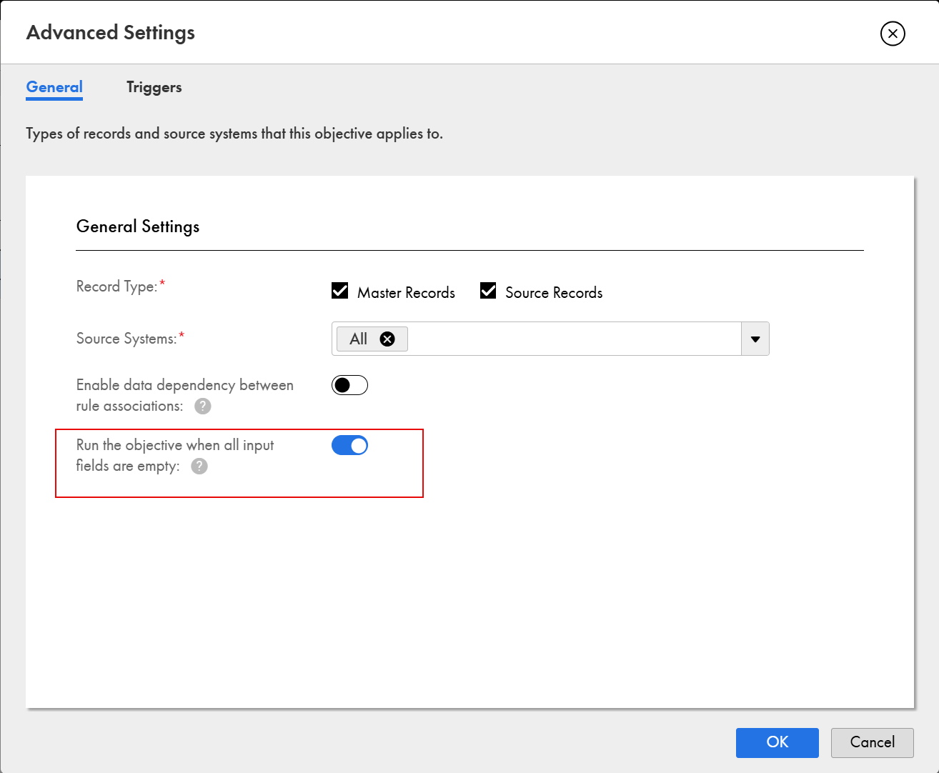 The General tab shows that the Run the objective when all input fields are empty option is enabled.