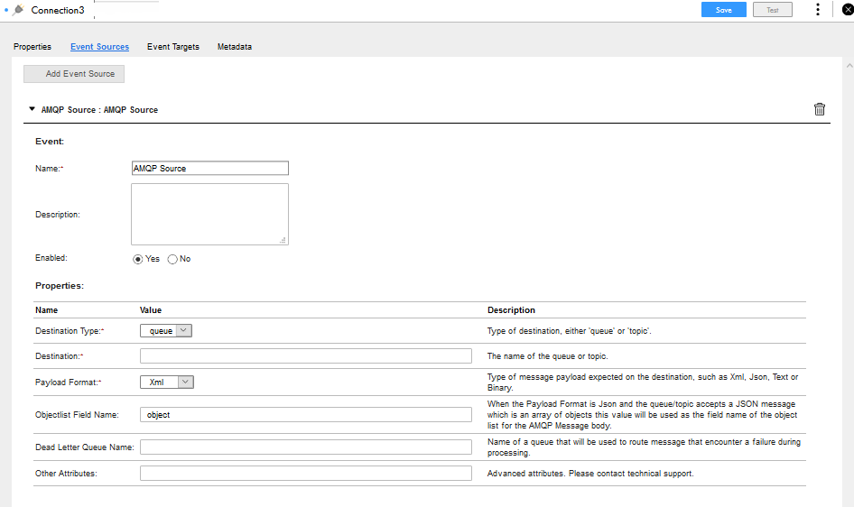 The image shows the event source properties for an AMQP connection.