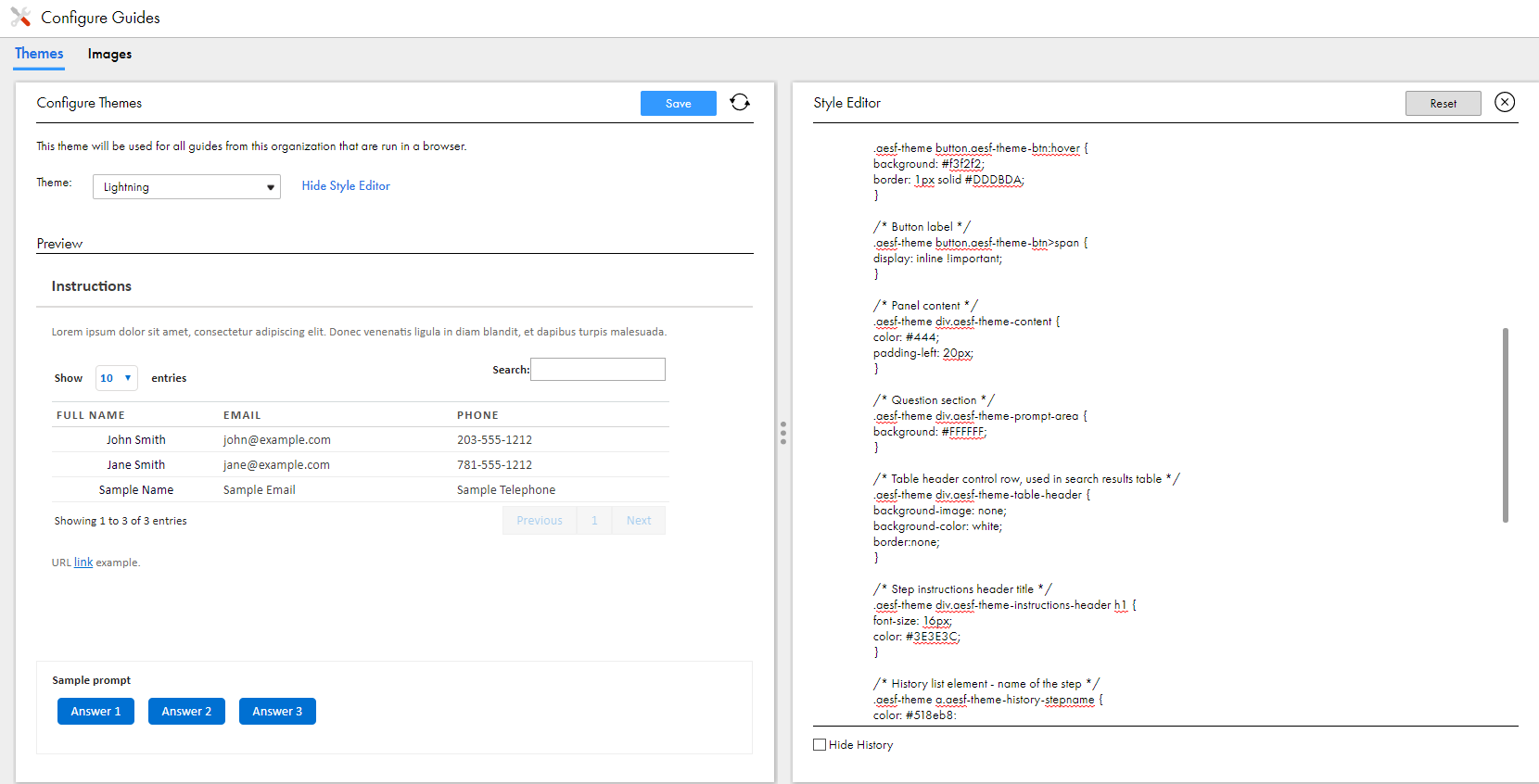 The image shows the Themes tab of the Configure Guides page. The Lightning theme is selected and the Style Editor shows the CSS for the theme.