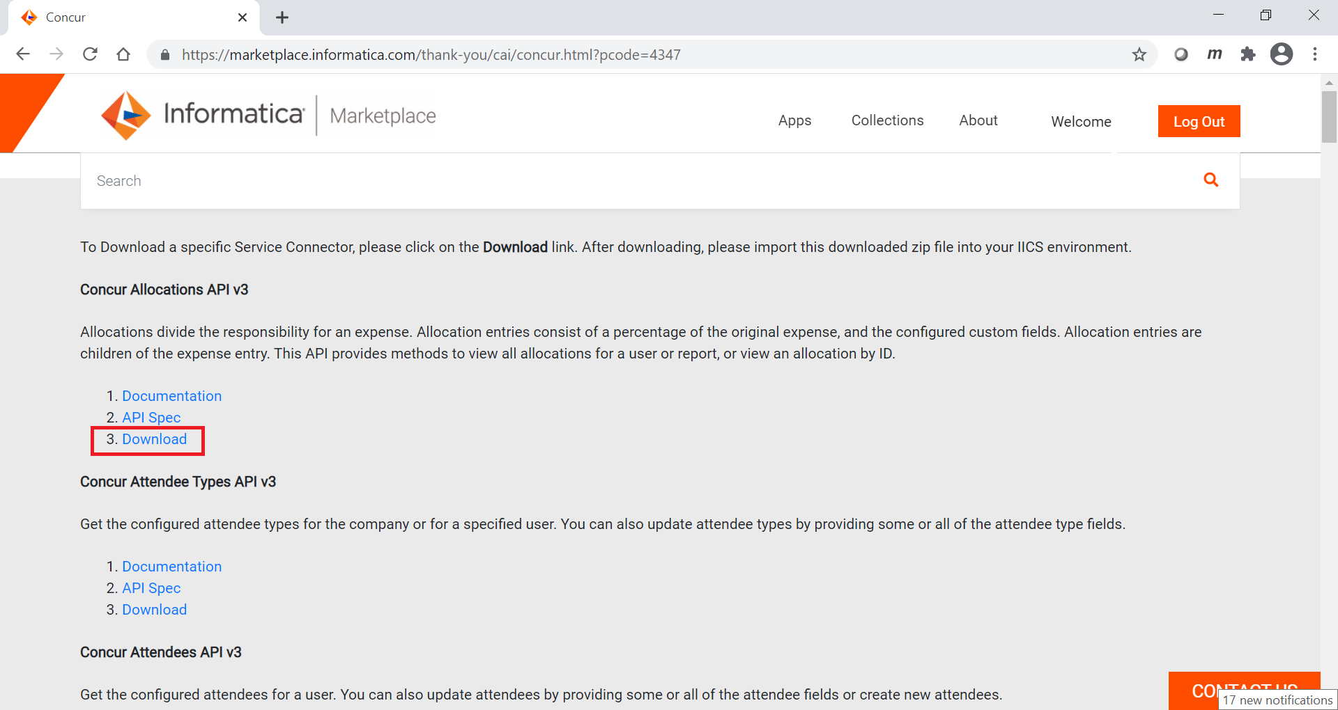 The image shows download links for specific API-based service connectors.