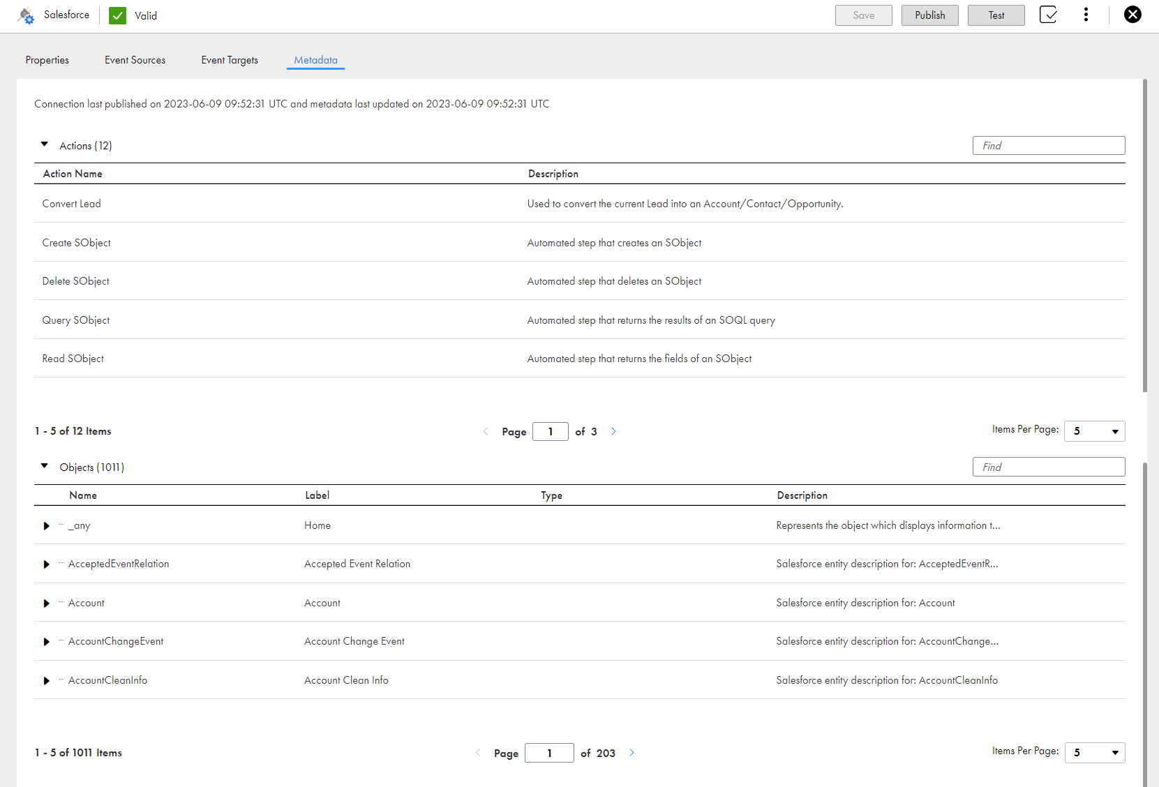 The image shows the published metadata of an app connection.