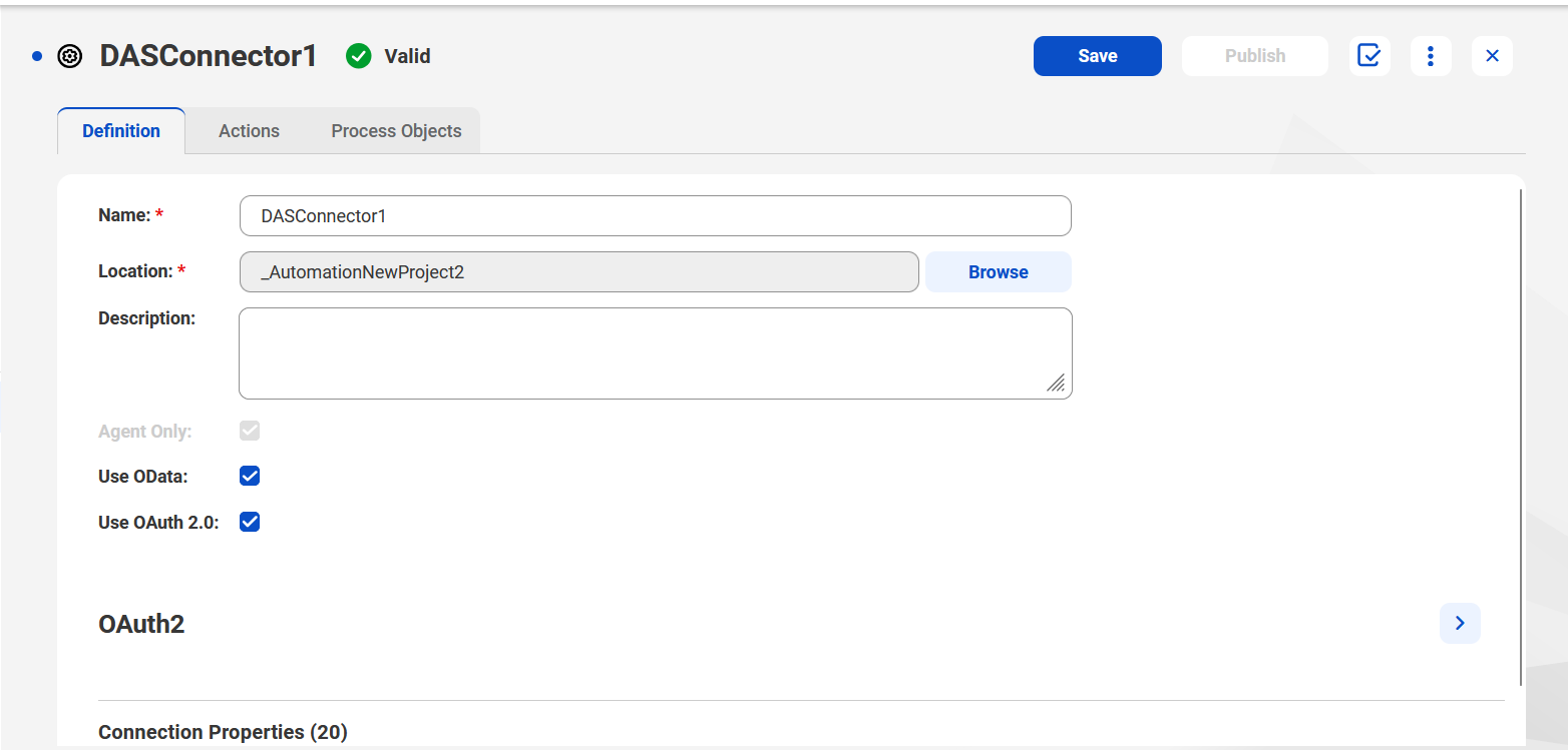 The Definition page shows input fields including Name, Location, and Description, with Browse options for file selection. Checkboxes for Agent Only, Use OData, and Use OAuth 2.0 are displayed. Save, Publish, and other actions are available at the top.