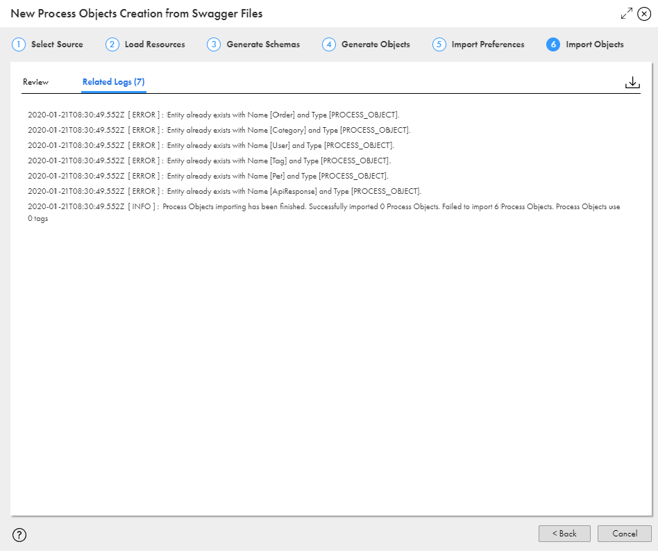 The image shows a sample log stating that six process objects were not imported because they already exist in the specified location.