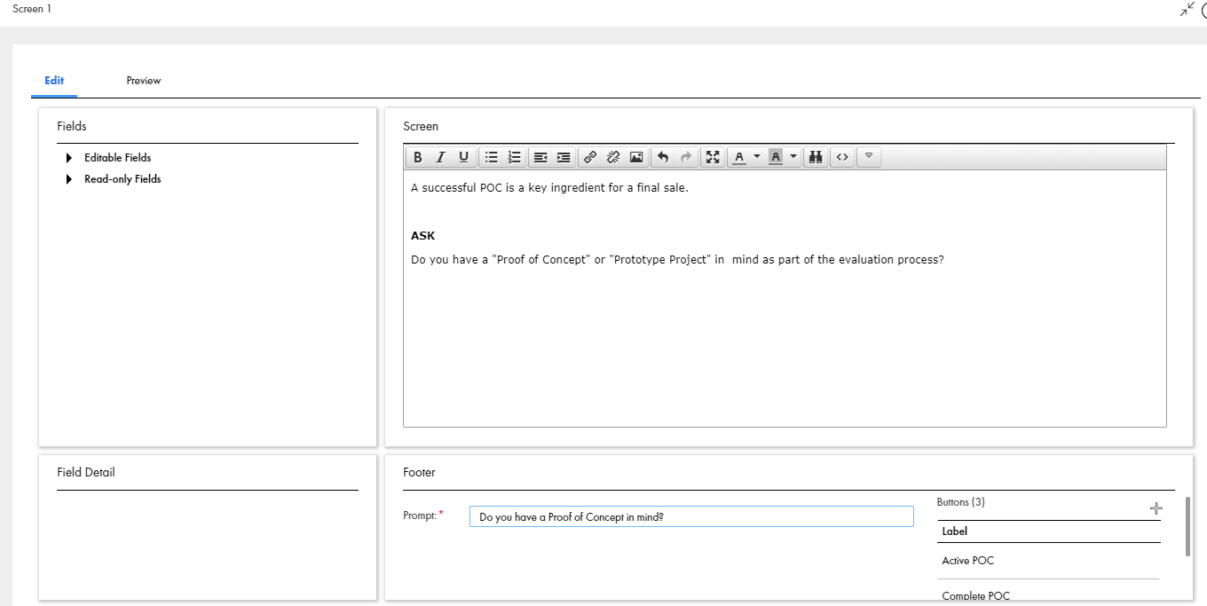 This image shows the Edit Screen window of a screen step. There is a prompt for a sales representative to ask a customer about a POC. There are options for the representative to select.