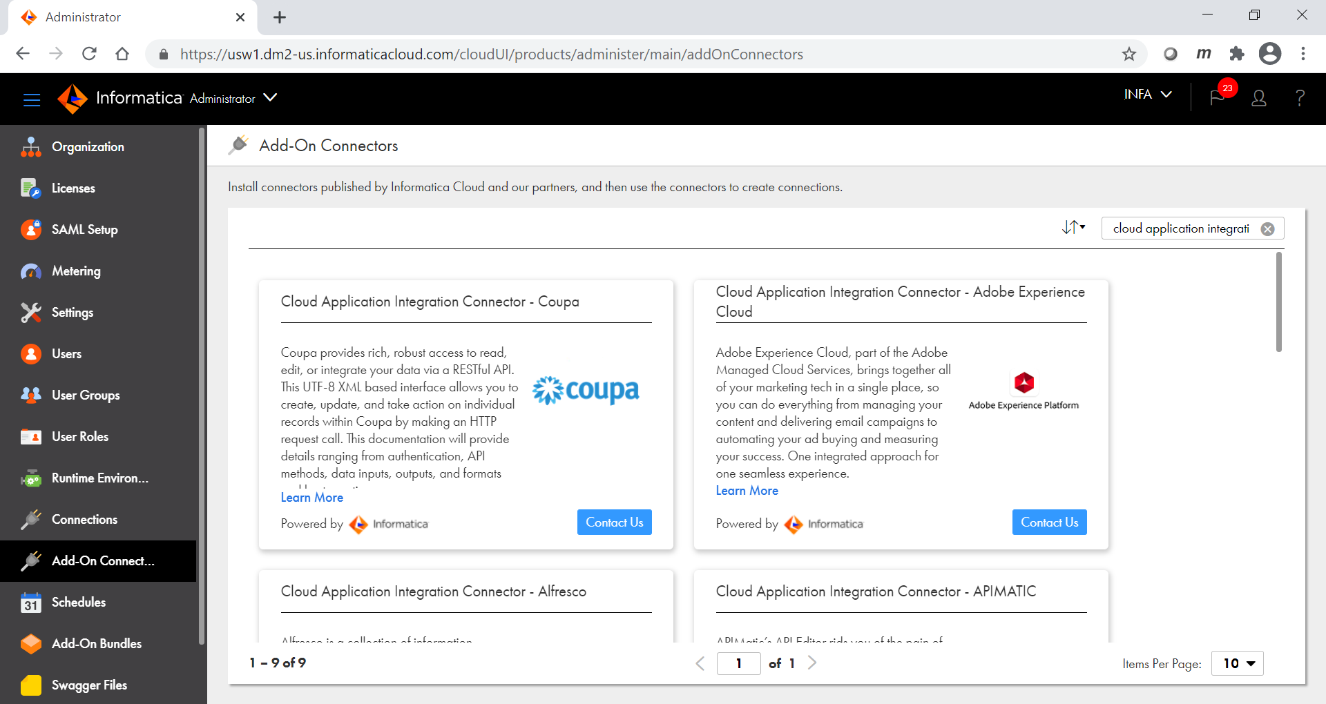 The image shows the Cloud Application Integration service connectors that you can download.