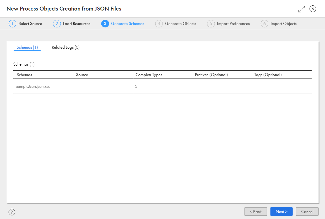 The image shows the Generate Schemas tab with the schema details.