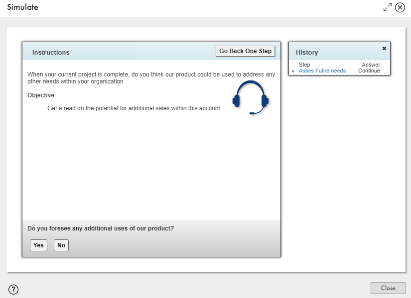 This image shows what a guide step looks like on a browser. There is an Instruction section on the left with options that you can click. On the right, there is a History section that lists previous steps.