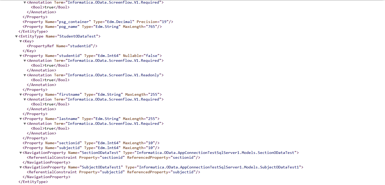 This image shows the metadata paramaters in response payload.