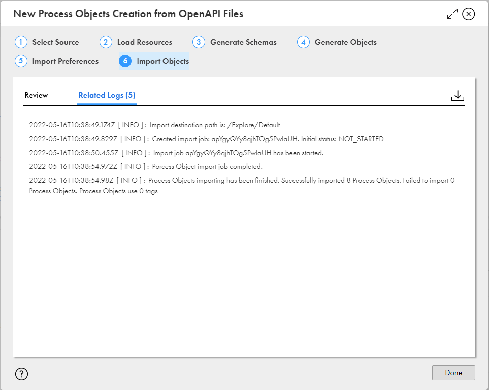 The image shows a sample log stating that 8 process objects have been imported successfully.