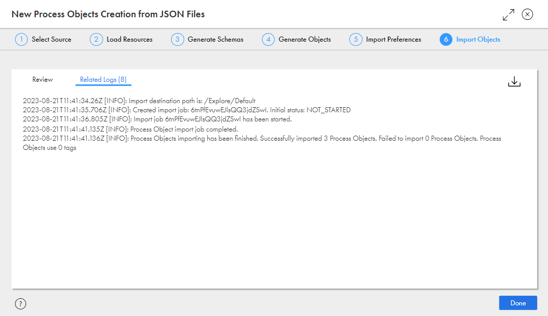 The image shows a sample log stating that 8 process objects have been imported successfully.