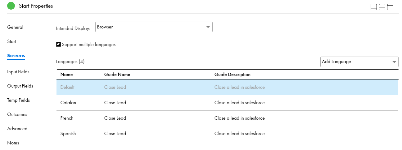 This image shows the Screens tab of the Start step with the following langauges: Catalan, French, and Spanish.