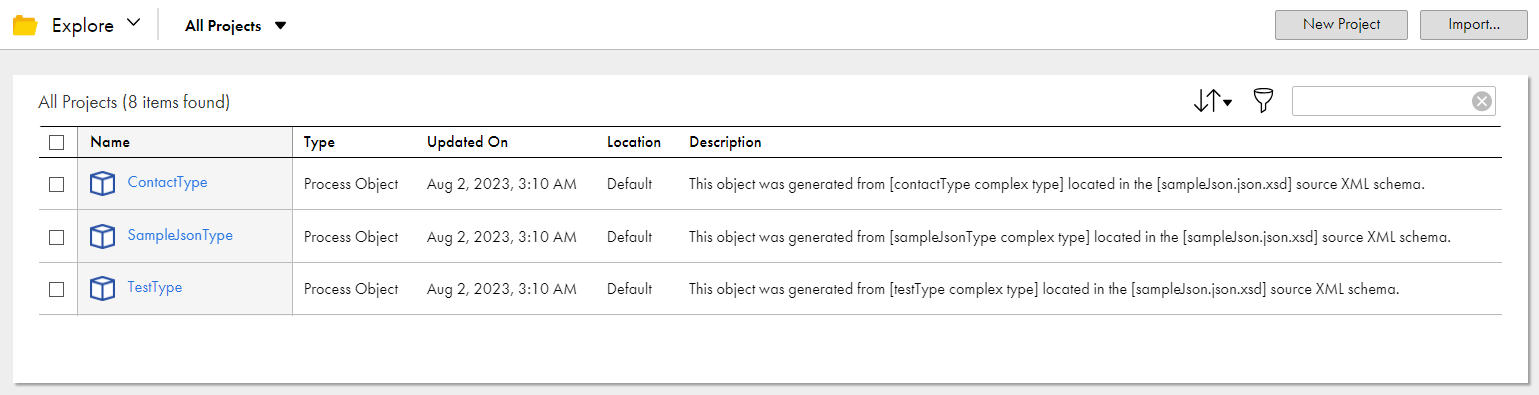 The image shows the process objects that are created by importing the JSON file.