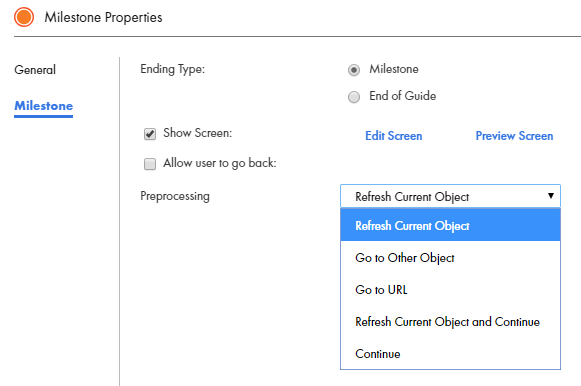 This image shows a Milestone step. Show screen is selected and you can see a list of Preprocessing options.