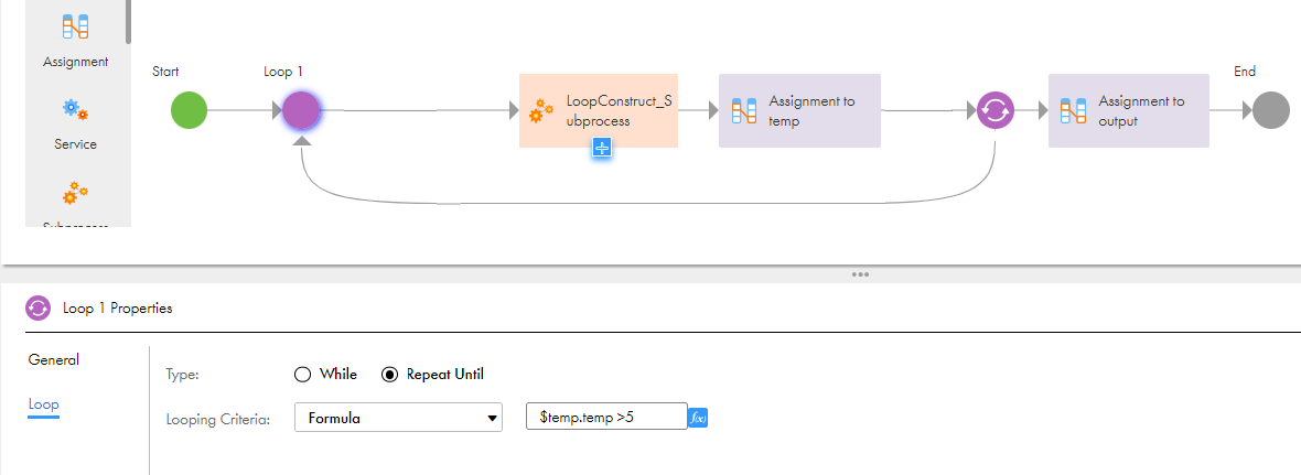 The image shows the Repeat Until loop with the looping criteria set to formula in the Loop step.