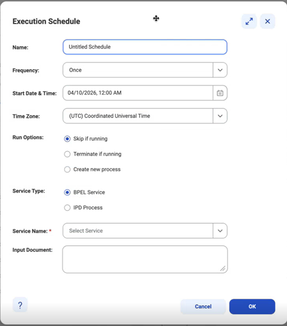 Use the Execution Schedule dialog box to set process schedule properties.