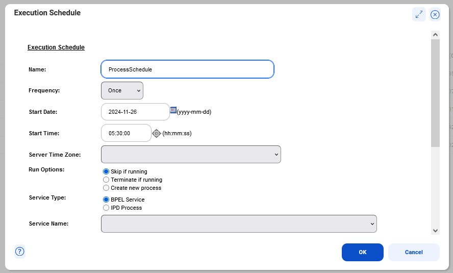 Use the Execution Schedule dialog box to set process schedule properties.