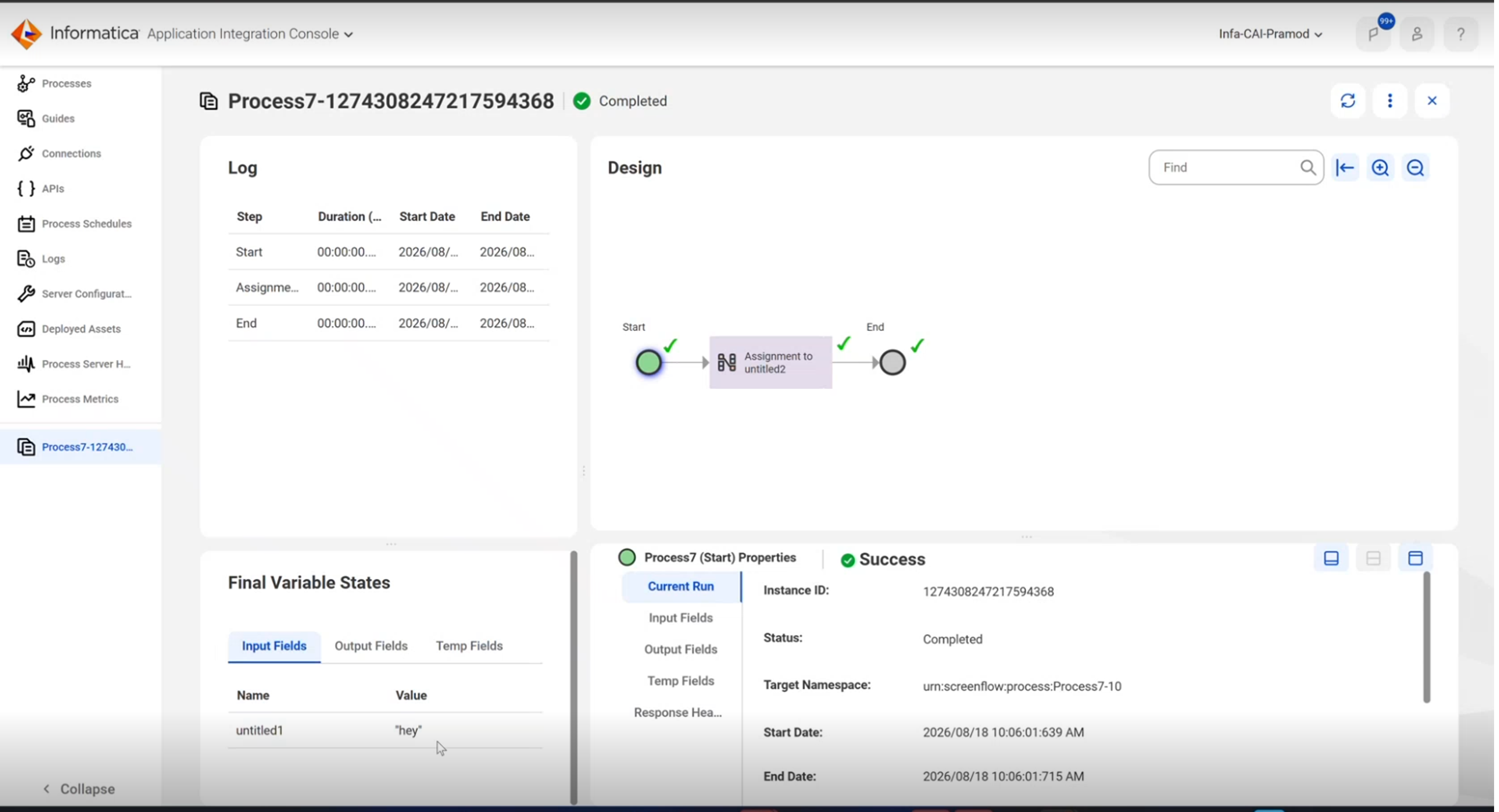 The image shows a sample Process View Detail page for a process created using Application Integration.